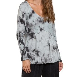 POL Tie Dyed Long Sleeve Tunic Deep V Neck Ribbed Top Super Stretchy Size 2X